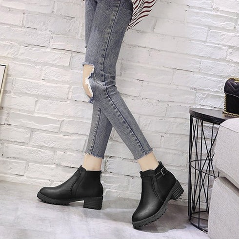 ショートブーツ レディース 裏起毛ブーツ レトロ PUレザー バックルブーツ 履きやすい シューズ カジュアル バックジップブーツ 歩きやすい 通勤秋冬靴おしゃれ 2LONG-004