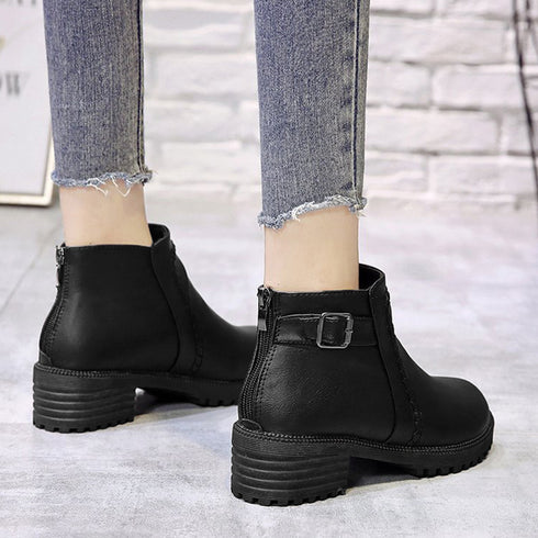ショートブーツ レディース 裏起毛ブーツ レトロ PUレザー バックルブーツ 履きやすい シューズ カジュアル バックジップブーツ 歩きやすい 通勤秋冬靴おしゃれ 2LONG-004