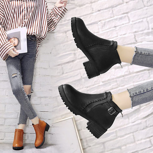 ショートブーツ レディース 裏起毛ブーツ レトロ PUレザー バックルブーツ 履きやすい シューズ カジュアル バックジップブーツ 歩きやすい 通勤秋冬靴おしゃれ 2LONG-004