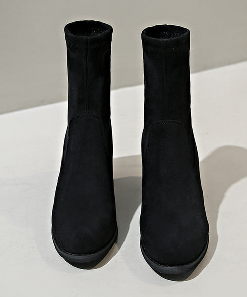 スエード調ショートブーツ 太ヒールブーツ おしゃれ ストレッチブーツ チャンキーヒール レディース 美脚ブーティ ラウンドトゥミドルブーツ 黒 通勤 歩きやすい靴 2LONG-006