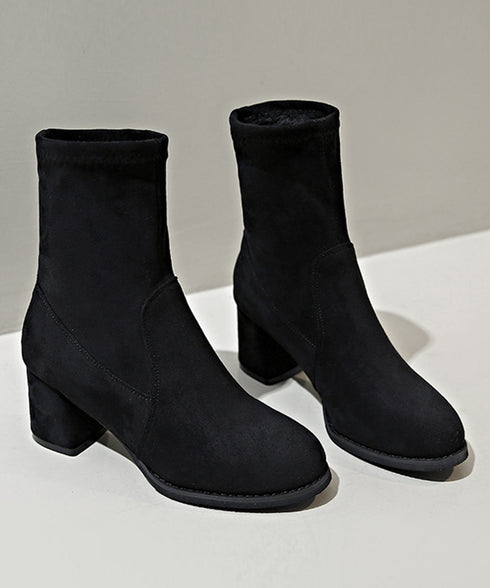 スエード調ショートブーツ 太ヒールブーツ おしゃれ ストレッチブーツ チャンキーヒール レディース 美脚ブーティ ラウンドトゥミドルブーツ 黒 通勤 歩きやすい靴 2LONG-006