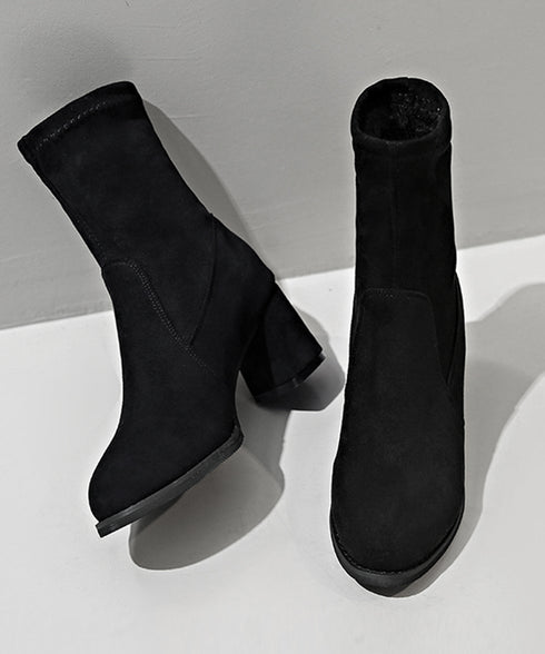 スエード調ショートブーツ 太ヒールブーツ おしゃれ ストレッチブーツ チャンキーヒール レディース 美脚ブーティ ラウンドトゥミドルブーツ 黒 通勤 歩きやすい靴 2LONG-006