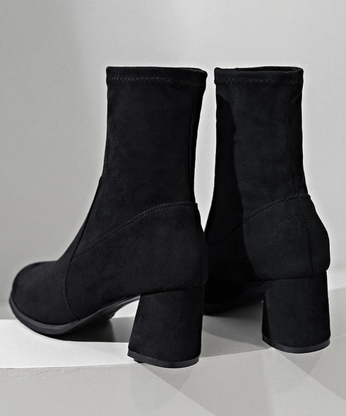 スエード調ショートブーツ 太ヒールブーツ おしゃれ ストレッチブーツ チャンキーヒール レディース 美脚ブーティ ラウンドトゥミドルブーツ 黒 通勤 歩きやすい靴 2LONG-006