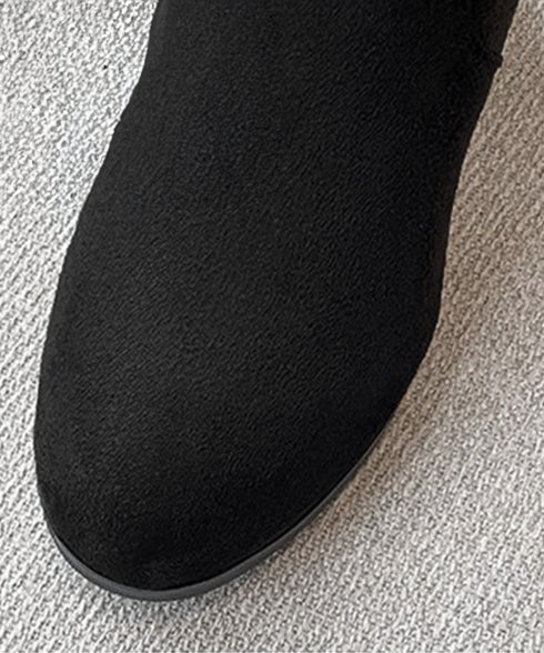 スエード調ショートブーツ 太ヒールブーツ おしゃれ ストレッチブーツ チャンキーヒール レディース 美脚ブーティ ラウンドトゥミドルブーツ 黒 通勤 歩きやすい靴 2LONG-006