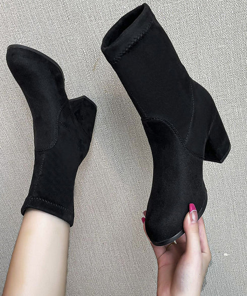 スエード調ショートブーツ 太ヒールブーツ おしゃれ ストレッチブーツ チャンキーヒール レディース 美脚ブーティ ラウンドトゥミドルブーツ 黒 通勤 歩きやすい靴 2LONG-006