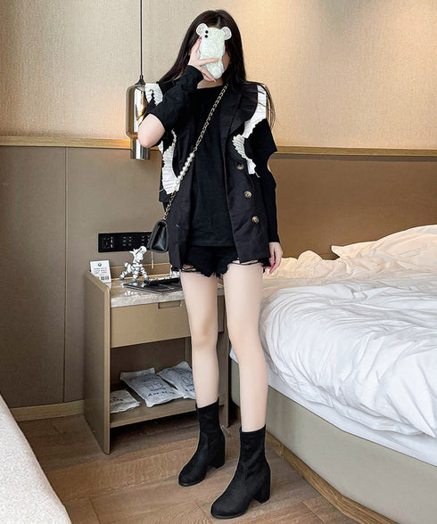 スエード調ショートブーツ 太ヒールブーツ おしゃれ ストレッチブーツ チャンキーヒール レディース 美脚ブーティ ラウンドトゥミドルブーツ 黒 通勤 歩きやすい靴 2LONG-006