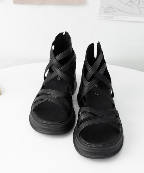 厚底サンダル ストラップサンダル美脚夏靴 歩きやすい グラディエーターサンダル レディース クロス グルカサンダル お洒落ボーンサンダル 黒 ローマサンダル韓国風 2LONG-008