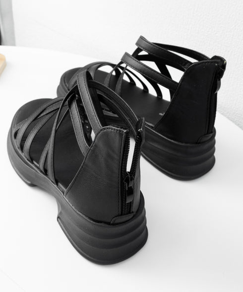 厚底サンダル ストラップサンダル美脚夏靴 歩きやすい グラディエーターサンダル レディース クロス グルカサンダル お洒落ボーンサンダル 黒 ローマサンダル韓国風 2LONG-008