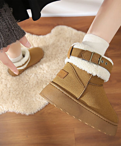 厚底ムートンブーツ 裏起毛ショートブーツ レディース あったかボアブーツ ふわふわ 履きやすい フラットシューズ カジュアル ベルト付冬靴 歩きやすい 防寒ブーツ 2LONG-009