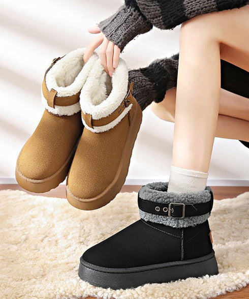 厚底ムートンブーツ 裏起毛ショートブーツ レディース あったかボアブーツ ふわふわ 履きやすい フラットシューズ カジュアル ベルト付冬靴 歩きやすい 防寒ブーツ 2LONG-009