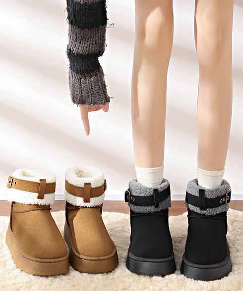 厚底ムートンブーツ 裏起毛ショートブーツ レディース あったかボアブーツ ふわふわ 履きやすい フラットシューズ カジュアル ベルト付冬靴 歩きやすい 防寒ブーツ 2LONG-009