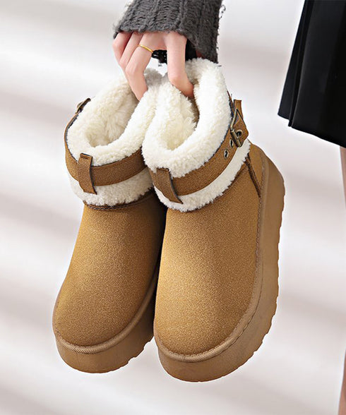 厚底ムートンブーツ 裏起毛ショートブーツ レディース あったかボアブーツ ふわふわ 履きやすい フラットシューズ カジュアル ベルト付冬靴 歩きやすい 防寒ブーツ 2LONG-009