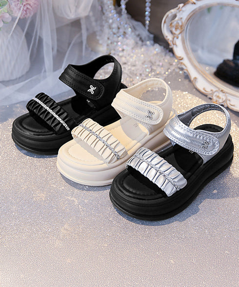 厚底サンダル レディースギャザーサンダル ビジュー付き ボリュームソール ベルトサンダル マジックテープ 軽量サンダル 履きやすいビーチサンダル 美脚 韓国風夏靴 2LONG-010