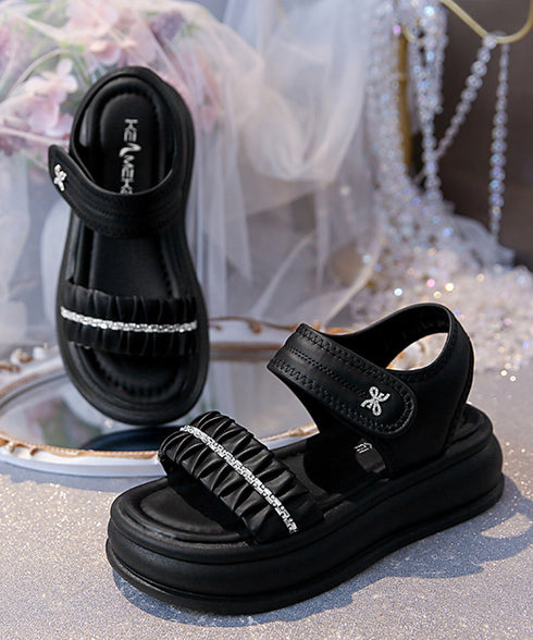 厚底サンダル レディースギャザーサンダル ビジュー付き ボリュームソール ベルトサンダル マジックテープ 軽量サンダル 履きやすいビーチサンダル 美脚 韓国風夏靴 2LONG-010