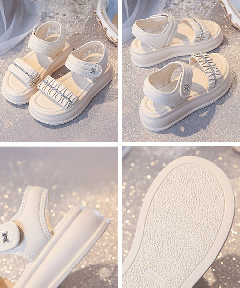 厚底サンダル レディースギャザーサンダル ビジュー付き ボリュームソール ベルトサンダル マジックテープ 軽量サンダル 履きやすいビーチサンダル 美脚 韓国風夏靴 2LONG-010