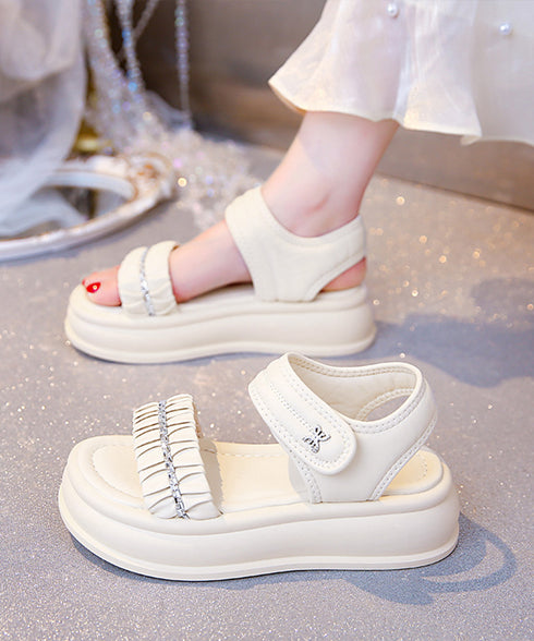 厚底サンダル レディースギャザーサンダル ビジュー付き ボリュームソール ベルトサンダル マジックテープ 軽量サンダル 履きやすいビーチサンダル 美脚 韓国風夏靴 2LONG-010