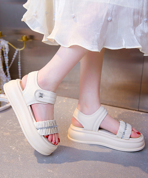 厚底サンダル レディースギャザーサンダル ビジュー付き ボリュームソール ベルトサンダル マジックテープ 軽量サンダル 履きやすいビーチサンダル 美脚 韓国風夏靴 2LONG-010