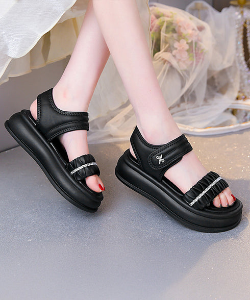 厚底サンダル レディースギャザーサンダル ビジュー付き ボリュームソール ベルトサンダル マジックテープ 軽量サンダル 履きやすいビーチサンダル 美脚 韓国風夏靴 2LONG-010