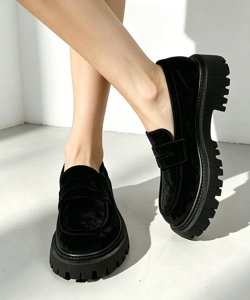 スエード調厚底ローファー トラックソール レディース 韓国風人気靴 ボリュームソールシューズ マットな質感 学生風マニッシュシューズ 通勤通学 美脚靴履きやすい 2LONG-013