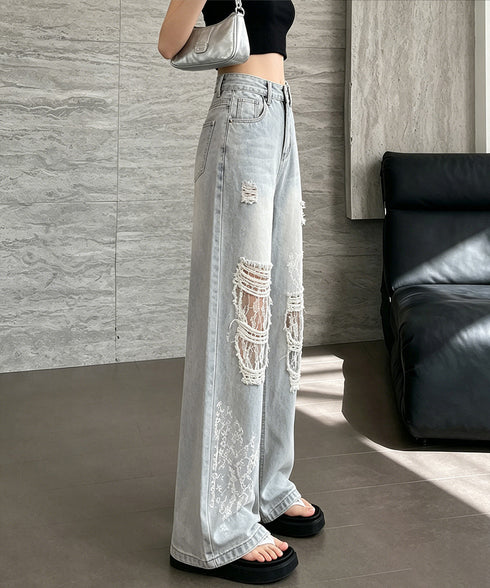 デニムパンツ レースダメージデニムY2K レディース ハイウエストヴィンテージジーンズ クラッシュレトロジーパン着やせ 韓国風ストリート レースパッチワークデニム 2LUANXI-001