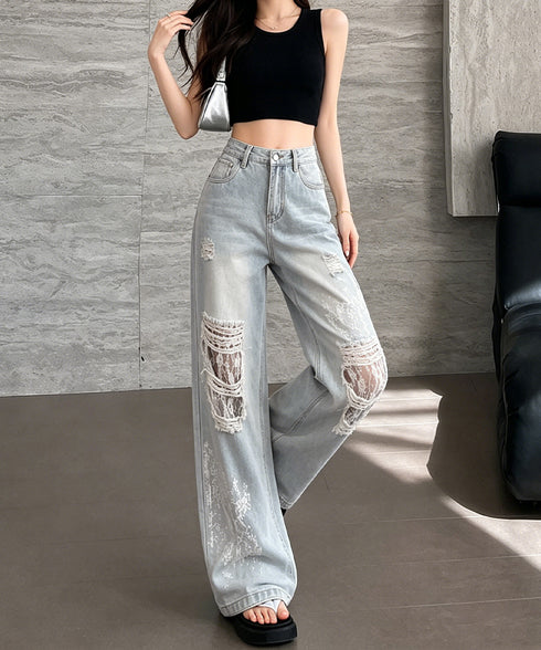 デニムパンツ レースダメージデニムY2K レディース ハイウエストヴィンテージジーンズ クラッシュレトロジーパン着やせ 韓国風ストリート レースパッチワークデニム 2LUANXI-001