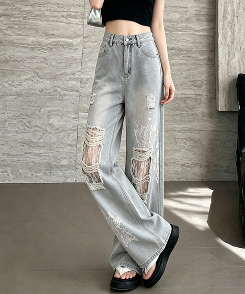 デニムパンツ レースダメージデニムY2K レディース ハイウエストヴィンテージジーンズ クラッシュレトロジーパン着やせ 韓国風ストリート レースパッチワークデニム 2LUANXI-001
