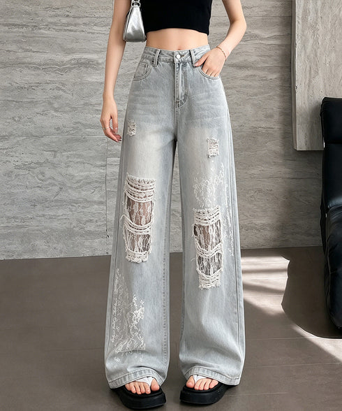 デニムパンツ レースダメージデニムY2K レディース ハイウエストヴィンテージジーンズ クラッシュレトロジーパン着やせ 韓国風ストリート レースパッチワークデニム 2LUANXI-001