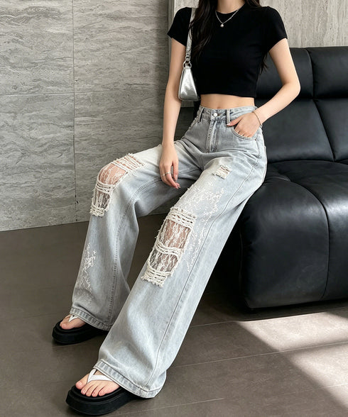 デニムパンツ レースダメージデニムY2K レディース ハイウエストヴィンテージジーンズ クラッシュレトロジーパン着やせ 韓国風ストリート レースパッチワークデニム 2LUANXI-001