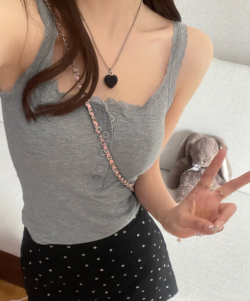 レース切替キャミソールカップ付きインナー レディースキャミインナー スクエアネック インナートップス ボタン付き シンプル肌着 フェミニンリブブラキャミ セクシー 2MANFEN-001