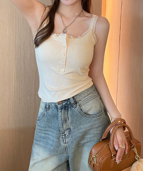 レース切替キャミソールカップ付きインナー レディースキャミインナー スクエアネック インナートップス ボタン付き シンプル肌着 フェミニンリブブラキャミ セクシー 2MANFEN-001