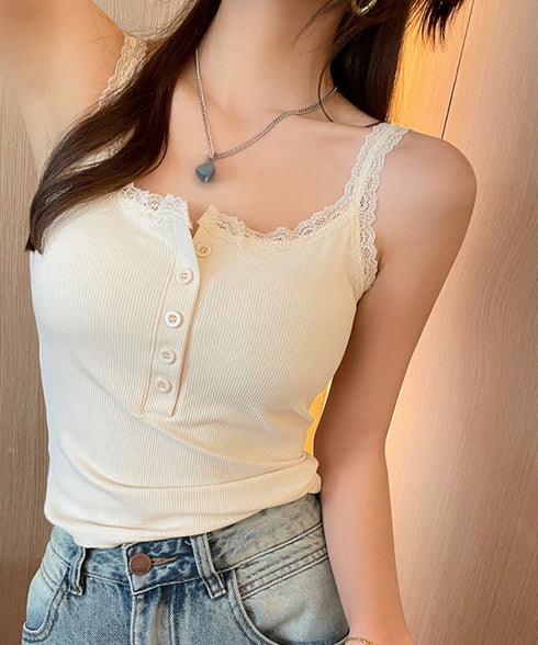 レース切替キャミソールカップ付きインナー レディースキャミインナー スクエアネック インナートップス ボタン付き シンプル肌着 フェミニンリブブラキャミ セクシー 2MANFEN-001