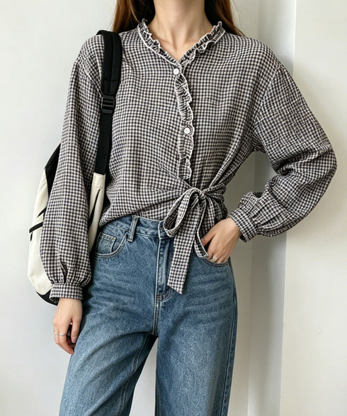 ギンガムチェックブラウス ウエストリボン フリルブラウス レディース 大人可愛い シャツブラウス長袖 おしゃれ Vネックトップス体型カバー ウエストマーク 韓国風 2MEISHIQ-001