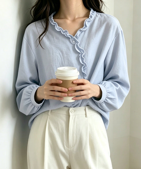 ギンガムチェックブラウス ウエストリボン フリルブラウス レディース 大人可愛い シャツブラウス長袖 おしゃれ Vネックトップス体型カバー ウエストマーク 韓国風 2MEISHIQ-001