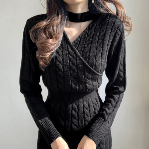 前後2wayニットワンピース 深スリット ケーブルワンピース レディース セクシー タイトワンピース 春秋冬 きれいめ カシュクールニットワンピ ウェストマーク 2NVRJ-006
