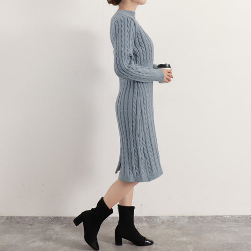 前後2wayニットワンピース 深スリット ケーブルワンピース レディース セクシー タイトワンピース 春秋冬 きれいめ カシュクールニットワンピ ウェストマーク 2NVRJ-006