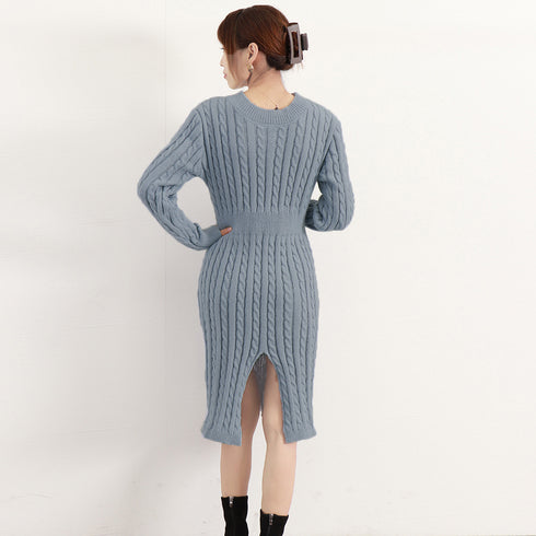 前後2wayニットワンピース 深スリット ケーブルワンピース レディース セクシー タイトワンピース 春秋冬 きれいめ カシュクールニットワンピ ウェストマーク 2NVRJ-006