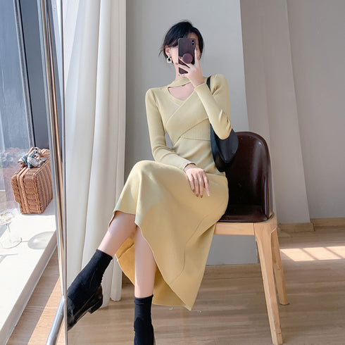 クロス ニットワンピース レディース長袖 カシュクール ロングワンピース 秋冬 オフィスカジュアル フレアワンピ キレイめ パーティー 着やせ 体型カバー大人女性 2NVRJ-009