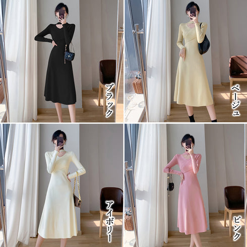 クロス ニットワンピース レディース長袖 カシュクール ロングワンピース 秋冬 オフィスカジュアル フレアワンピ キレイめ パーティー 着やせ 体型カバー大人女性 2NVRJ-009
