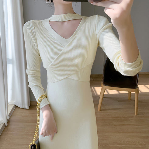 クロス ニットワンピース レディース長袖 カシュクール ロングワンピース 秋冬 オフィスカジュアル フレアワンピ キレイめ パーティー 着やせ 体型カバー大人女性 2NVRJ-009