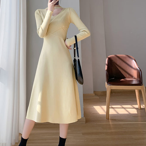 クロス ニットワンピース レディース長袖 カシュクール ロングワンピース 秋冬 オフィスカジュアル フレアワンピ キレイめ パーティー 着やせ 体型カバー大人女性 2NVRJ-009