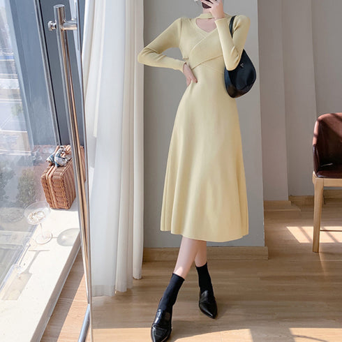 クロス ニットワンピース レディース長袖 カシュクール ロングワンピース 秋冬 オフィスカジュアル フレアワンピ キレイめ パーティー 着やせ 体型カバー大人女性 2NVRJ-009
