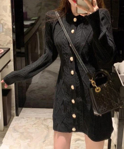 ケーブル編みニットワンピースミニ丈韓国風 ゴールドボタンショートワンピース レディース 大人きれいめ フェミニン ロング丈ニットカーディガン 着やせセータードレス 2NVRJ-014