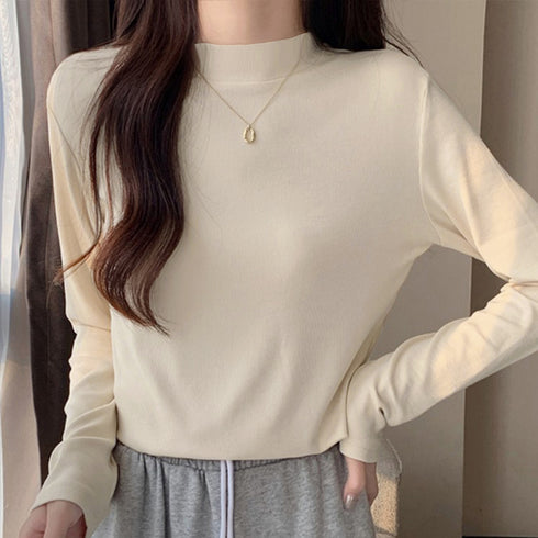 長袖プルオーバー レディース カットソー シンプル ロングスリーブ Tシャツ 重ね着 無地インナートップス プチハイネック 春秋冬 韓国 ベーシック 肌着 着やせ 2OUMAL-001
