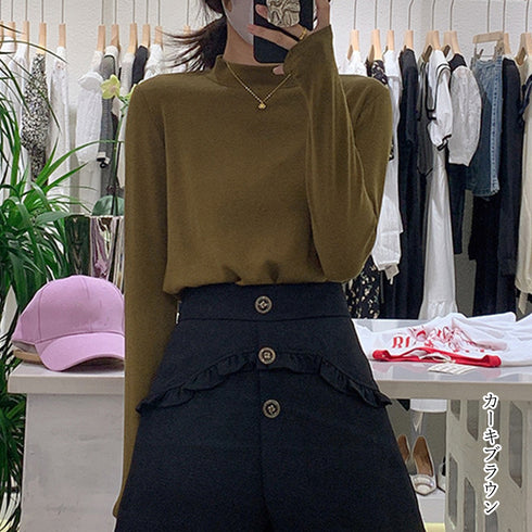 長袖プルオーバー レディース カットソー シンプル ロングスリーブ Tシャツ 重ね着 無地インナートップス プチハイネック 春秋冬 韓国 ベーシック 肌着 着やせ 2OUMAL-001