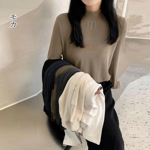 長袖プルオーバー レディース カットソー シンプル ロングスリーブ Tシャツ 重ね着 無地インナートップス プチハイネック 春秋冬 韓国 ベーシック 肌着 着やせ 2OUMAL-001