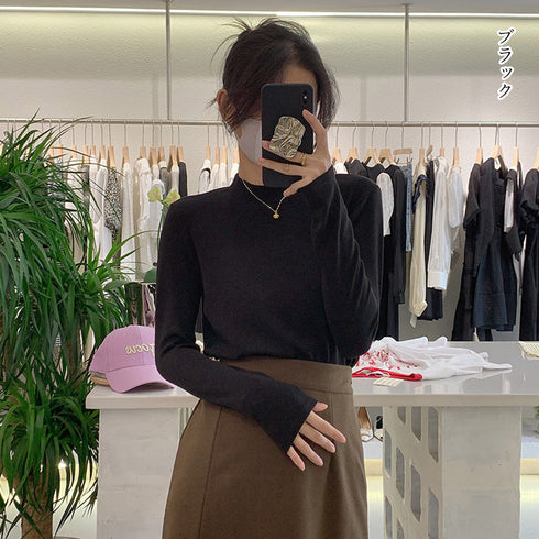 長袖プルオーバー レディース カットソー シンプル ロングスリーブ Tシャツ 重ね着 無地インナートップス プチハイネック 春秋冬 韓国 ベーシック 肌着 着やせ 2OUMAL-001