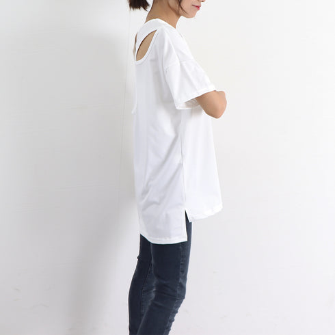 バッククロス tシャツカットソーロング丈 レディース 半袖Tシャツ ゆったり 無地 背中見せ トップス ゆるテロ 夏服大人カジュアル チュニック お洒落 tシャツ 2QIAOSZ-001