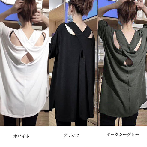 バッククロス tシャツカットソーロング丈 レディース 半袖Tシャツ ゆったり 無地 背中見せ トップス ゆるテロ 夏服大人カジュアル チュニック お洒落 tシャツ 2QIAOSZ-001