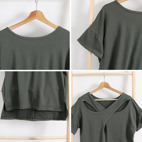 バッククロス tシャツカットソーロング丈 レディース 半袖Tシャツ ゆったり 無地 背中見せ トップス ゆるテロ 夏服大人カジュアル チュニック お洒落 tシャツ 2QIAOSZ-001