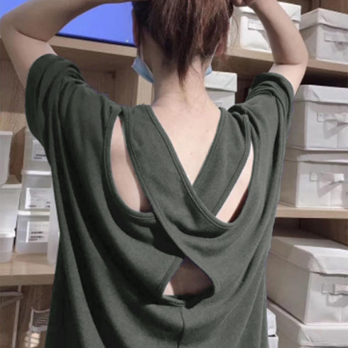 バッククロス tシャツカットソーロング丈 レディース 半袖Tシャツ ゆったり 無地 背中見せ トップス ゆるテロ 夏服大人カジュアル チュニック お洒落 tシャツ 2QIAOSZ-001
